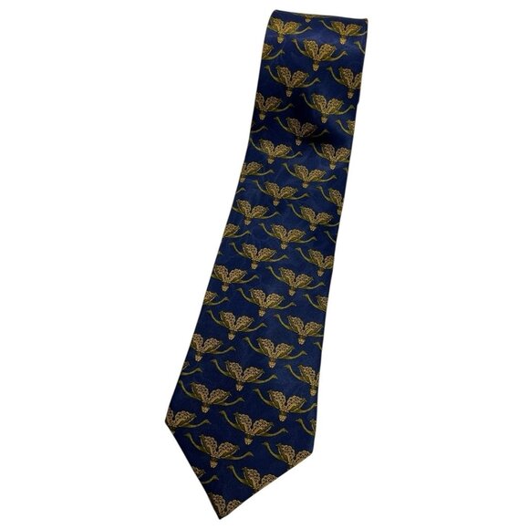 LANVIN Men's 100% Silk Necktie LUXURY Tie Blue Gold Floral W:3.7" EUC